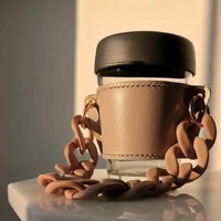 2 Pcs Grey Detachable Chain Coffee Cup Sleeve - PU Leather Insulated Cup Holder with Handle, 16cm Top, 70g(Cup not included, only cup sleeve and chain thumbnail