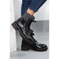 Black Knitted Patched Lace-up Heeled Ankle Boots - 40 EU thumbnail