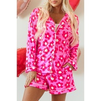 Pink Flower Print Long Sleeve Shirt Shorts Pajamas Set - L thumbnail