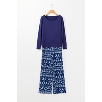 Blue Solid Top and Christmas Pants Two Piece Lounge Set - S thumbnail