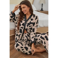 Khaki Cheetah Contrast Trim Loose Fit Two Piece Sleepwear - XL thumbnail