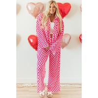 Pink Checkered Buttoned Shirt and High Waist Pants Pajama Set - S thumbnail