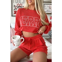 Racing Red Corded MERRY Graphic Long Sleeve Top and Shorts Set - L thumbnail
