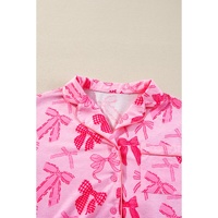 Pink Bow Knot Print Lapel Collar Short Sleeve and Pants Pajamas Set - L thumbnail