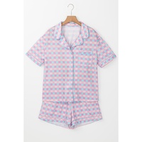 Purple Checkered Pattern Short Sleeve Pajamas Set - M thumbnail