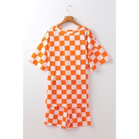 Orange Checkerboard Print V Neck Loose Tee and Shorts Lounge Set - L thumbnail