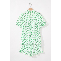 Green Clover Printed Short Sleeve and Ruffled Shorts Pajama Set - L thumbnail