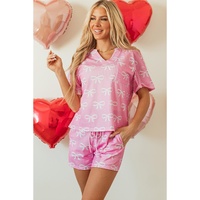 Pink Waffle Knit Bowknot Printed V Neck T Shirt and Shorts Set - M thumbnail