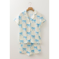 Yellow Bow Printed Short Sleeve Shirt Shorts Pajama Set - L thumbnail