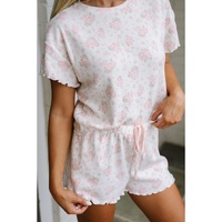 Pink Floral Lettuce Trim Tee and Shorts Ribbed Lounge Set - M thumbnail