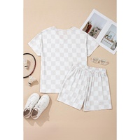 Beige Checkered V Neck Tee Drawstring Shorts Lounge Set - L thumbnail