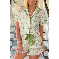 Green Floral Print Turn-down Collar Short Pajamas Set - XL thumbnail