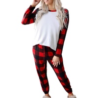 Red Plaid Raglan Sleeves Top and Drawstring Pants Lounge Set - M thumbnail