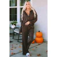 Brown Ribbed Knit Collared Henley Top and Pants Lounge Outfit - S thumbnail
