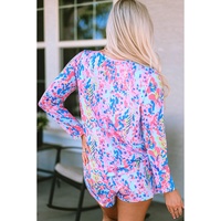 Sky Blue Floral Long Sleeve Top and Drawstring Shorts Set - M thumbnail