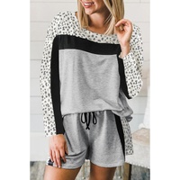 Gray Leopard Colorblock Patchwork Pullover and Shorts Set - L thumbnail