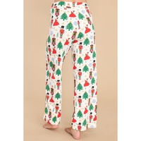 White Printed Christmas Pattern Buttoned Two Piece Sleepwear - L thumbnail