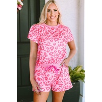 Pink Leopard Print Tee and Satin Tie Shorts Lounge Set - M thumbnail