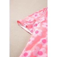 Pink Flower Print Short Sleeve Shirt Pajamas Set - L thumbnail