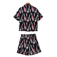 Black Champagne Print Silky Short Sleeve Pajamas Set - L thumbnail