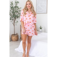 Pink Stars Short Sleeve Shirt and Shorts Bamboo Pajama Set - L thumbnail