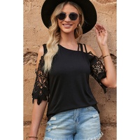 Azura Exchange Lace Splicing Strappy Cold Shoulder Top - L thumbnail