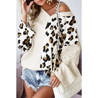 Beige Asymmetric Leopard Patchwork Wide Sleeve V Neck Sweater - M thumbnail