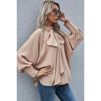 Azura Exchange Khaki Frilled Knotted Blouse with Bishop Sleeves - M thumbnail