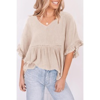 Azura Exchange Loose V Neck Top with Ruffled Lace Detail - S thumbnail