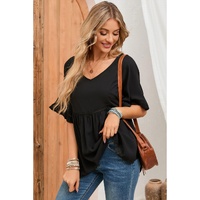 Azura Exchange Black Ruffled Lace Detail Loose V Neck Top - M thumbnail