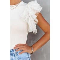 Azura Exchange Dotty Mesh Ruffle Sleeve Ribbed Knit Top - L thumbnail