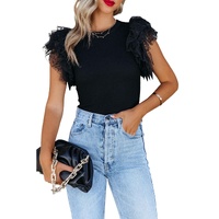 Azura Exchange Mesh Ruffle Sleeve Ribbed Knit Top - S thumbnail
