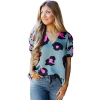 Azura Exchange Leopard Print Ruched Short Sleeve Blouse - M thumbnail