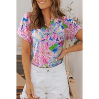 Azura Exchange Abstract Floral Print Notch V Neck Blouse - S thumbnail