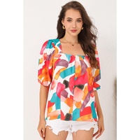 Azura Exchange Abstract Print Square Neck Short Sleeve Blouse - XL thumbnail