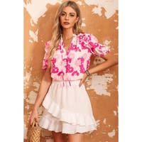 Azura Exchange Ruffled Floral Top with Split Neck and Puff Sleeves - M thumbnail