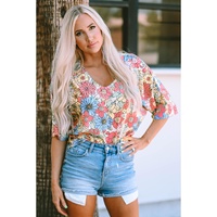 Azura Exchange Floral Print V Neck Half Sleeve Blouse - M thumbnail
