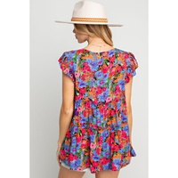 Azura Exchange Floral Print Ruffle Tiered Short Sleeve Babydoll Top - S thumbnail