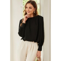 Black Padded Shoulder Buttoned Cuffs Pleated Loose Blouse - L thumbnail