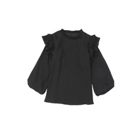 Black Button Keyhole Back Pleated Ruffle Trim Blouse - S thumbnail