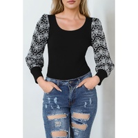 Black Flower Puff Sleeve Ribbed Knit Top - S thumbnail