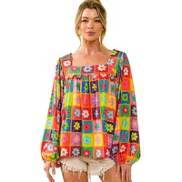 Azura Exchange Multicolor Floral Crochet Square Neck Puff Sleeve Blouse - M thumbnail