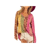 Azura Exchange Floral Leopard Mixed Print V Neck Long Sleeve Tee - M thumbnail