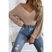 Azura Exchange Knitted Jacquard V Neck Lantern Sleeve Top - M thumbnail