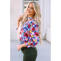 Blue Mock Neck Bubble Sleeve Floral Print Blouse - L thumbnail