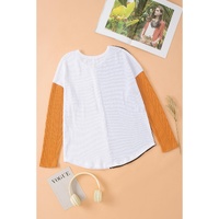 Brown Color Block Patchwork Chest Pocket Long Sleeve Top - L thumbnail