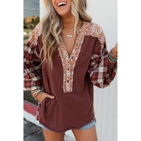 Red Floral Plaid Mixed Print Bishop Sleeve Patchwork Top - L thumbnail