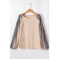 Beige Waffle Leopard Print Colorblock Puff Sleeve Top - M thumbnail