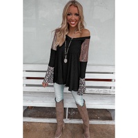 Black Sequin Patchwork Bell Sleeve V Neck Tunic Top - M thumbnail