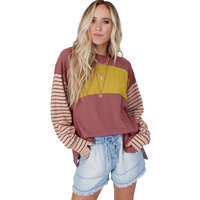 Red Colorblock Striped Bishop Sleeve Top - S thumbnail
